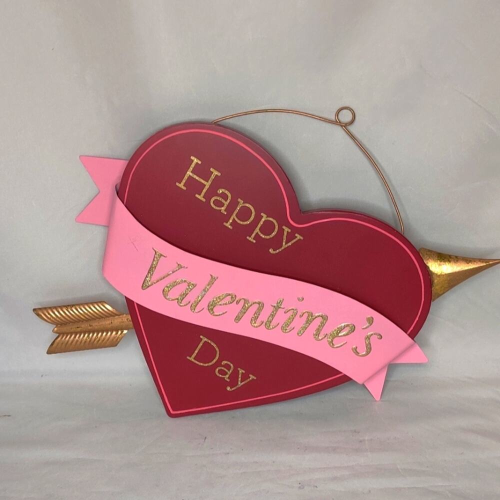 Happy Valentines Day Heart Arrow Wood Wall Decor Red Pink Gold Glitter Sign - Picture 2 of 14